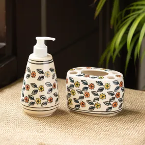 'Cozy Crossandras' Hand-Painted Bathroom Accessory Set In Ceramic (Liquid Soap Dispenser, Toothbrush Holder)