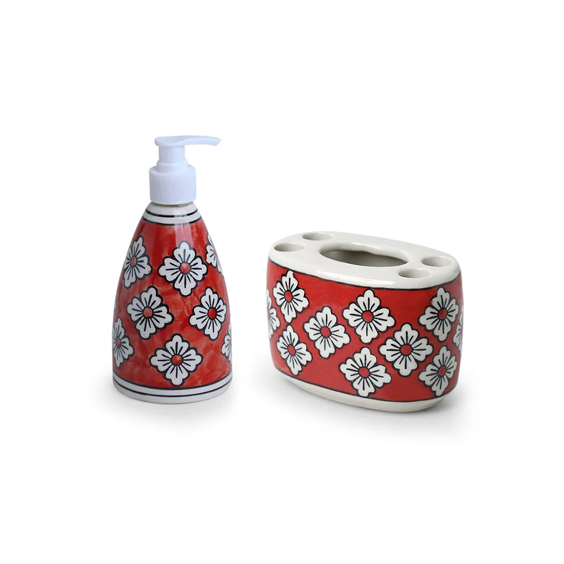 'Crimson Lily' Hand-painted Bathroom Accessory Set In Ceramic (Liquid Soap Dispenser, Toothbrush Holder)