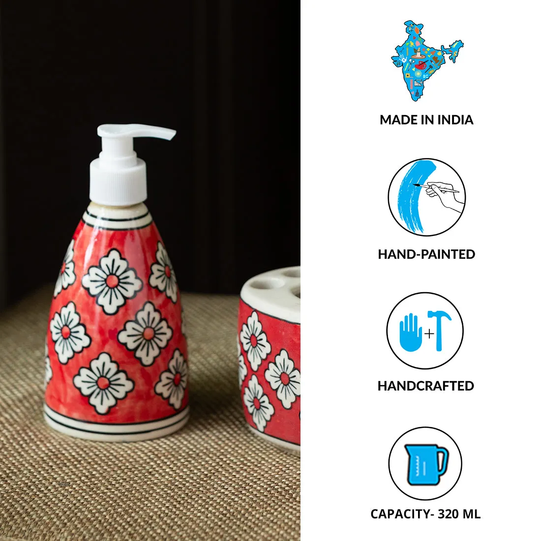 'Crimson Lily' Hand-painted Bathroom Accessory Set In Ceramic (Liquid Soap Dispenser, Toothbrush Holder)