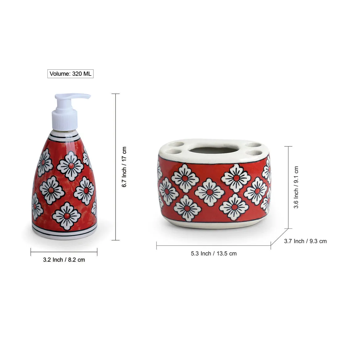 'Crimson Lily' Hand-painted Bathroom Accessory Set In Ceramic (Liquid Soap Dispenser, Toothbrush Holder)