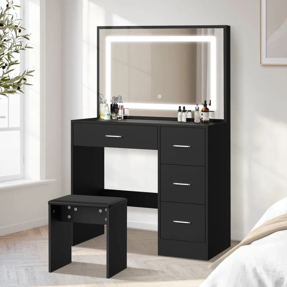 Dressing Table Stool Set Large Mirror LED Light Black