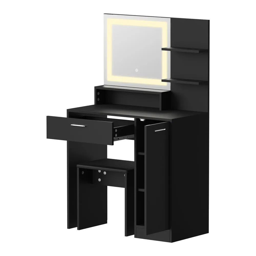 Dressing Table Stool Set LED Light Large Cabinet Black