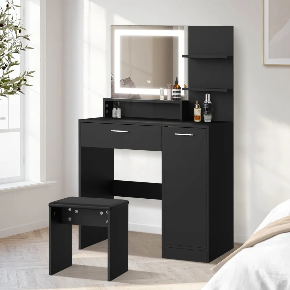 Dressing Table Stool Set LED Light Large Cabinet Black