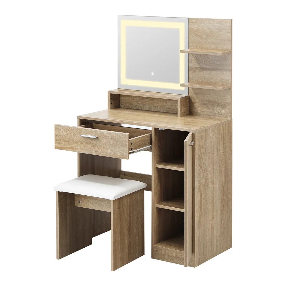 Dressing Table Stool Set LED Light Large Cabinet Natural