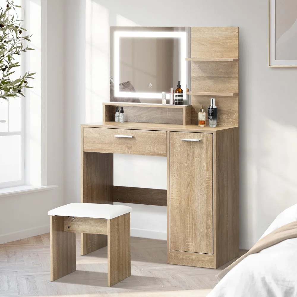 Dressing Table Stool Set LED Light Large Cabinet Natural