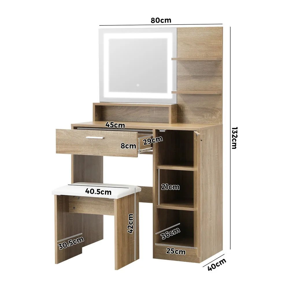 Dressing Table Stool Set LED Light Large Cabinet Natural