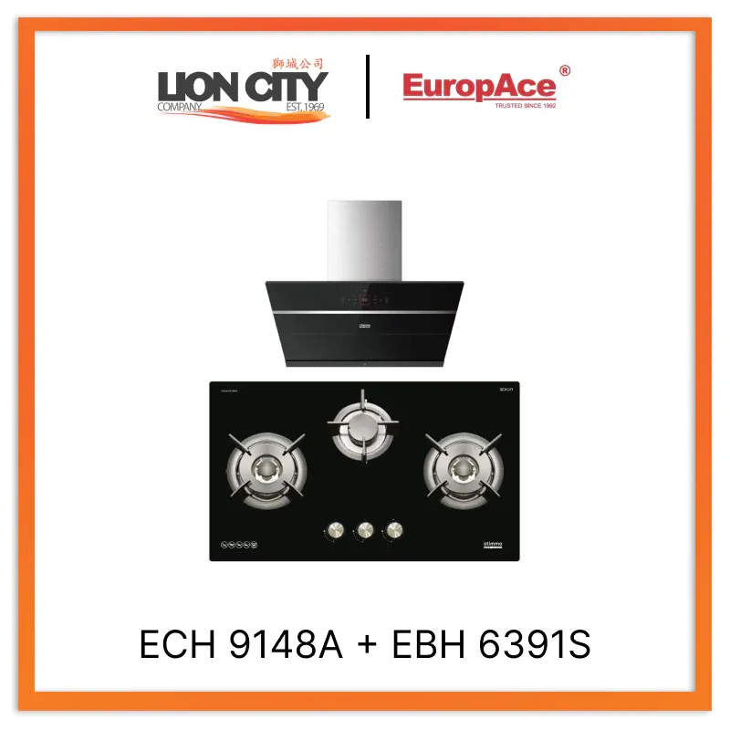 Europace ECH9148A 90cm Premium Inclined Hood   EBH 6391S 3 Burner 90cm Gas Cooker Hob (Schott Glass)