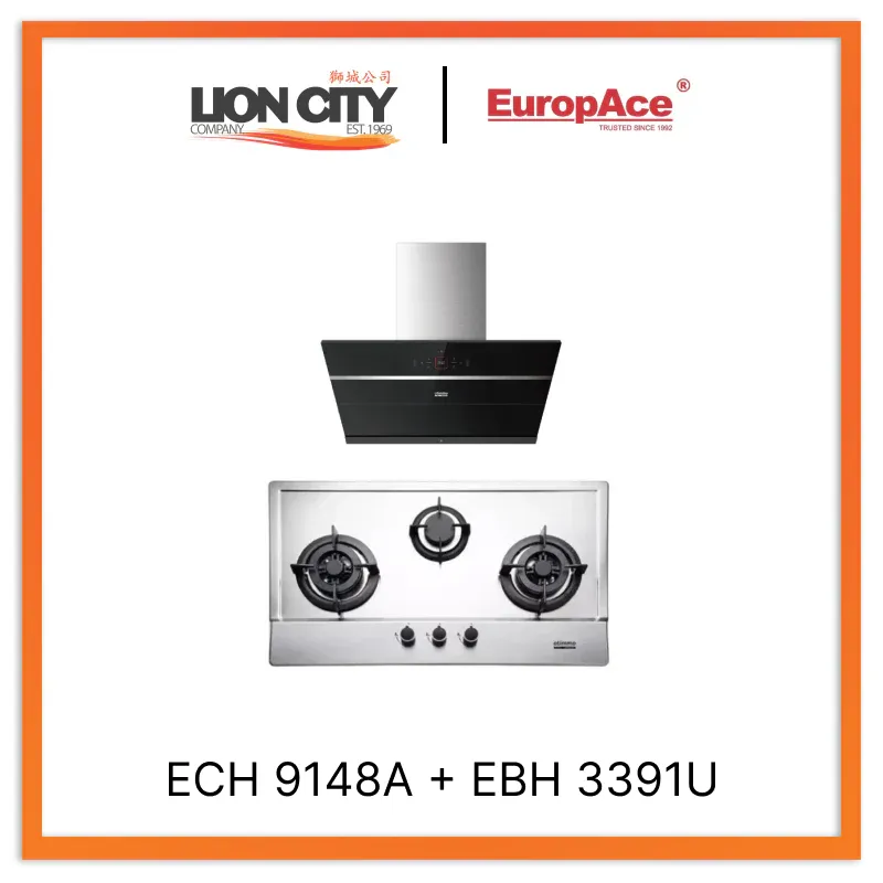 Europace ECH9148A 90cm Premium Inclined Hood   EBH3391U Otimmo 3 Burner 90cm Slim Built-in Gas Hob Cooker  (Stainless Steel)