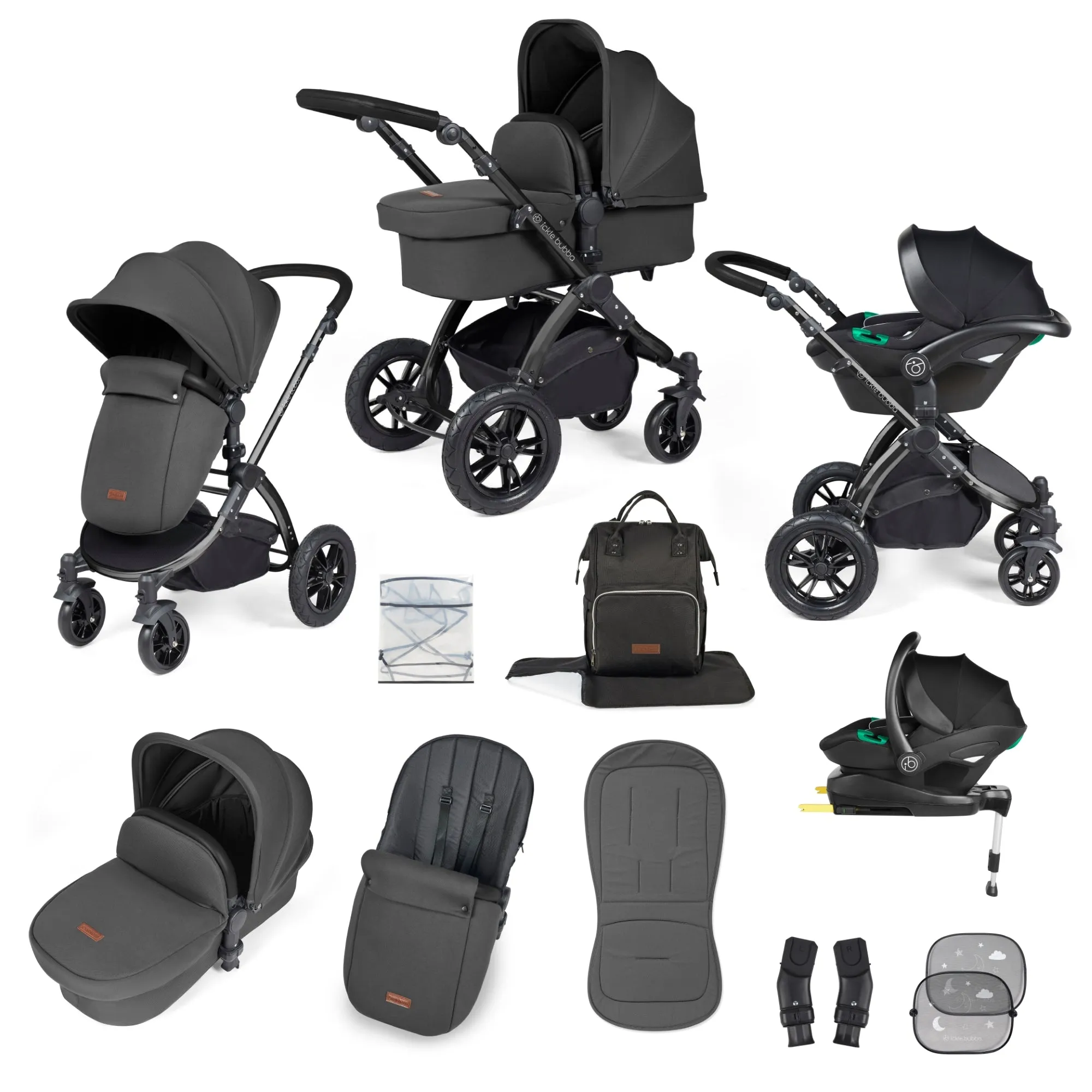 Ickle Bubba Stomp Luxe All-in-One I Size Travel System With Isofix Base (Stratus) Charcoal on Black