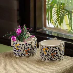 Indigo Vines' Hand-painted Table Planter Pots In Ceramic (Set of 2)