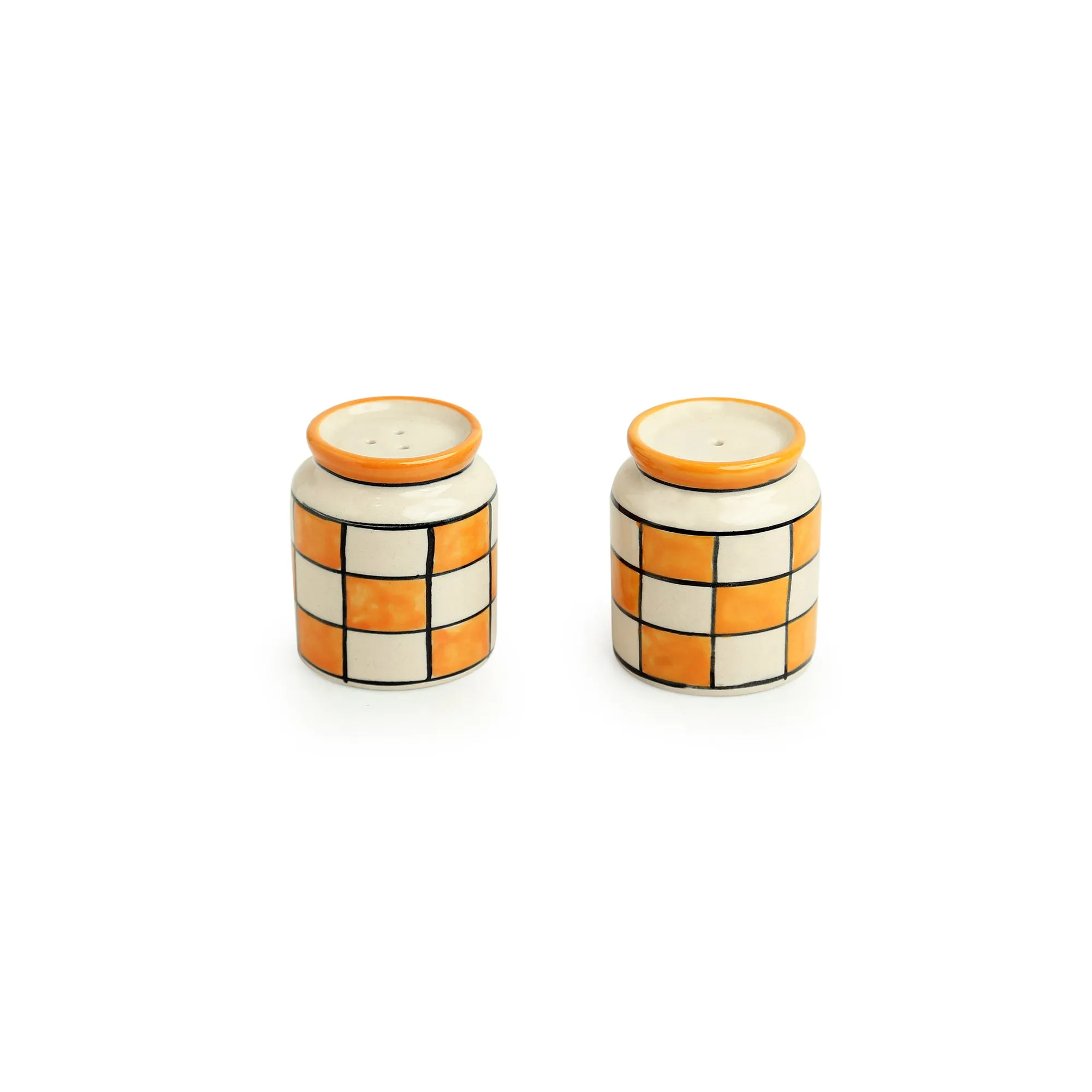 'Shatranj Checkered' Hand-painted Salt & Pepper Shakers In Ceramic (Set of 2, 80 ML)