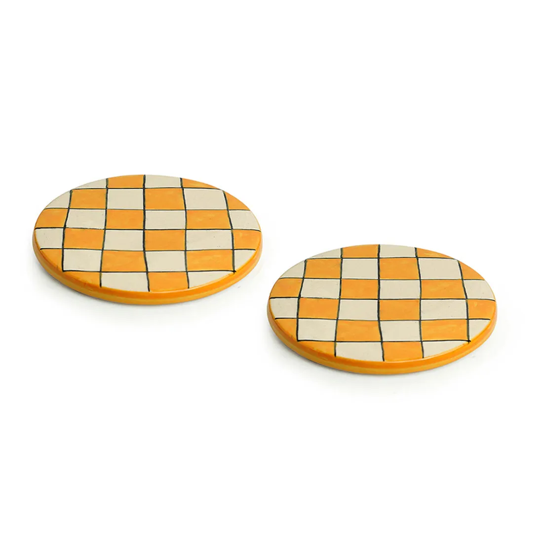 'Shatranj Checkered' Hand-painted Trivets in Ceramic (Set of 2)