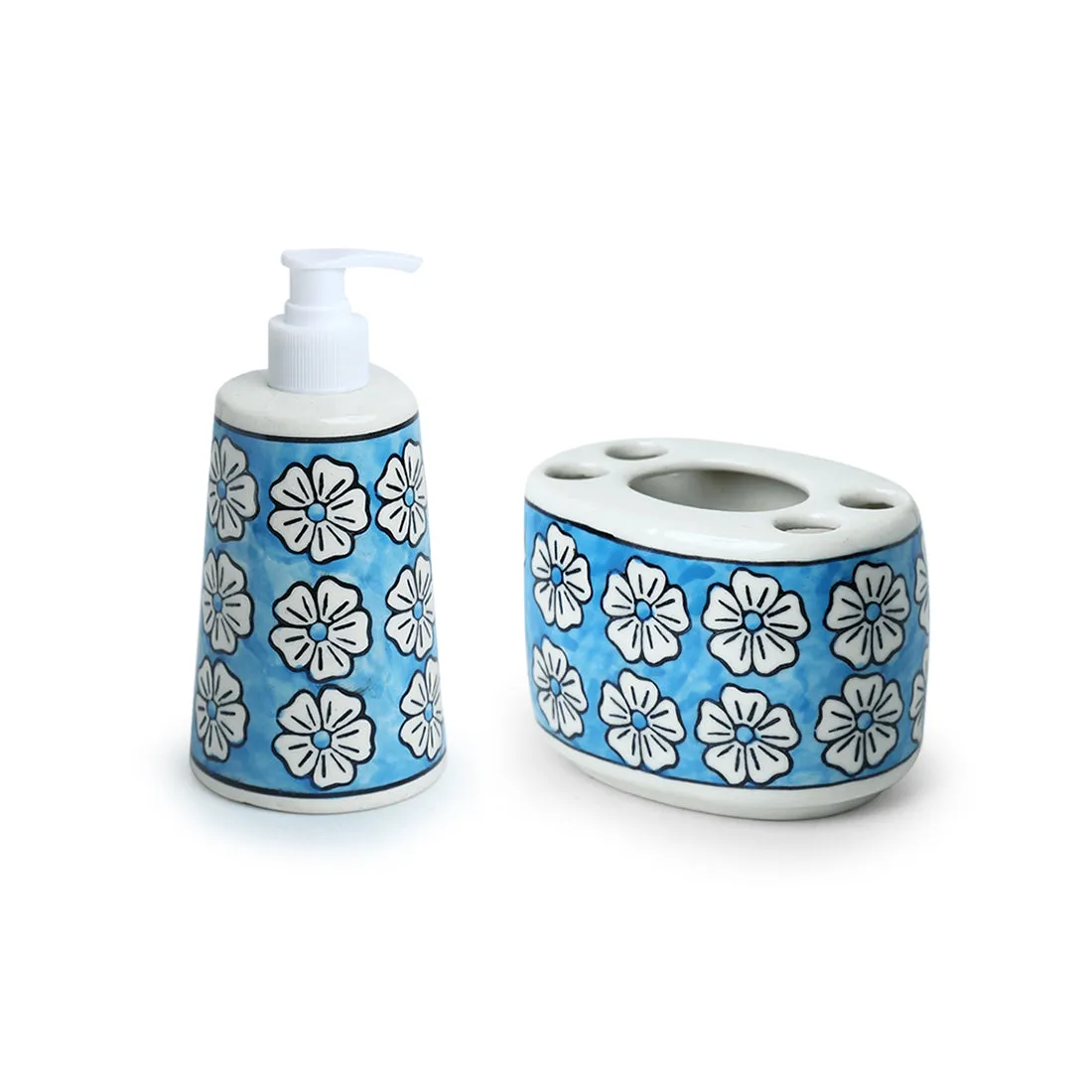 'Turquoise Mogra' Hand-painted Bathroom Accessory Set In Ceramic (Liquid Soap Dispenser, Toothbrush Holder)